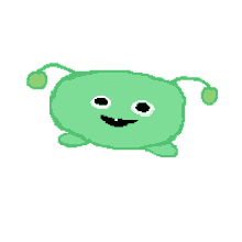 a pixel art drawing of a green monster with a smile on its face