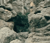 a man is jumping off a rocky cliff into a river .