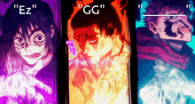 three cartoon characters with the letters ez and gg on the bottom