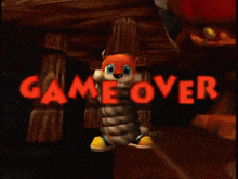a game over screen with a cartoon character in the corner