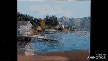 a painting of a house on the shore of a body of water is made in animotica