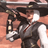 a woman wearing a cowboy hat and tie is holding a gun .