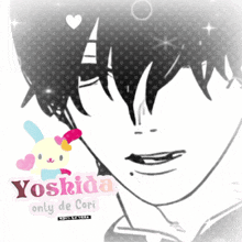 a black and white drawing of a boy with the name yoshida only de cori
