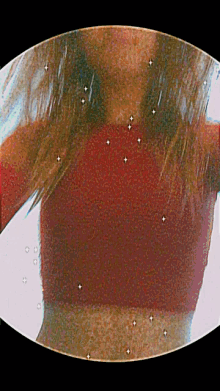 a woman in a red crop top is taking a selfie .