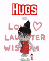a cartoon girl with a red headband that says hugs