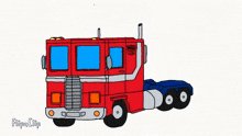 a cartoon drawing of a red bus with two blue windows and stairs .