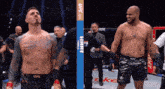 two men are standing next to each other in a boxing ring with a banner that says ufc on it
