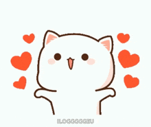 a cartoon cat is surrounded by red hearts and has a big smile on its face .
