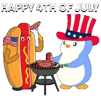 a happy 4th of july greeting card with a hot dog and a penguin grilling sausages