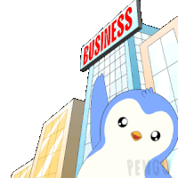 a penguin is standing in front of a building that says business