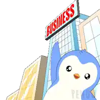 a penguin is standing in front of a building that says business