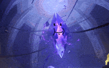 a purple crystal with a face drawn on it hangs from chains