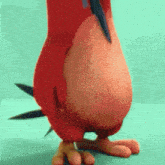 a red cartoon bird with a blue beak is standing on its hind legs .