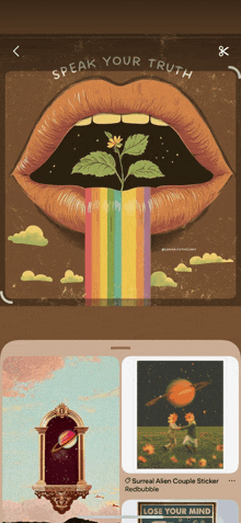 a phone screen shows a poster that says " speak your truth " on it