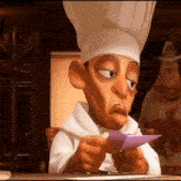 a cartoon chef is holding a piece of paper