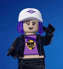 a lego figure with purple hair wearing a white hat