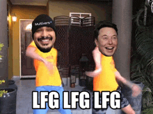 a man wearing a multiverse hat is dancing with a man wearing an elon musk t-shirt