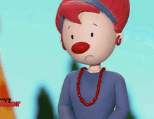 a cartoon woman with red hair and a red nose is wearing a red necklace