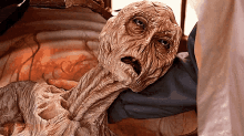 a close up of a person holding a very old looking monster