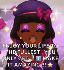a cartoon of a girl with a purple hat and a pink bow