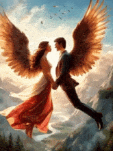 a man and a woman with angel wings are flying in the sky holding hands .
