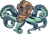 an octopus wearing a diving helmet with a cross on it