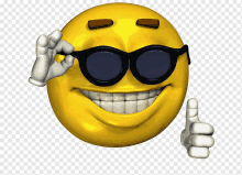 a cartoon smiley face wearing sunglasses and giving a thumbs up