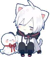 a boy with cat ears is sitting next to a small white cat .