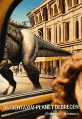 a painting of a dinosaur with the words 0670entaxim-planet debrecen