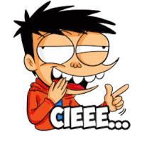 a cartoon boy is giving a thumbs up and pointing at the word cieee .