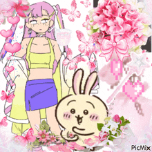 a girl and a bunny are surrounded by pink flowers and butterflies and a picmix watermark