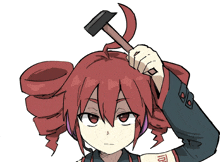 a girl with red hair is holding a hammer in her hand