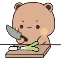 a cartoon bear is cutting vegetables on a cutting board with a knife