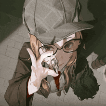 a girl with glasses and a hat is holding a glass in her hand