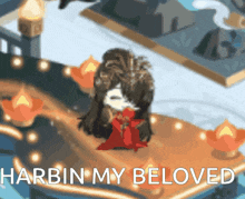 a cartoon character is sitting on a table with the words harbin my beloved written below it .