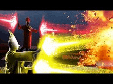 a man in a white robe is holding a gun in front of a statue of jesus .
