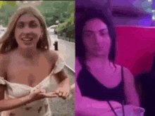 a woman is walking down the street and a woman is sitting in a pink chair .