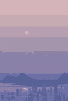 a pixel art of a city with a purple sky