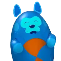 a blue and orange cartoon character with a sad look on his face