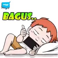 a cartoon of a boy laying on a bed giving a thumbs up with the word bagus below him