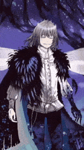 a man with long hair is wearing a feathered cape and holding a sword .