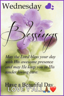 wednesday blessings may the lord bless your day with his awesome presence and may he keep you in his tender loving care love y'all