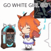 a cartoon girl is standing next to a jukebox and a jukebox .