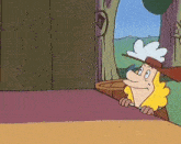 a cartoon character wearing a hat is peeking out of a doorway