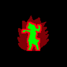 a pixel art drawing of a green dragon surrounded by red flames .