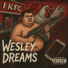 a poster for wesley dreams shows a man holding a gun and a chicken