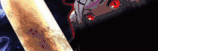a close up of a person 's face with red eyes and a sword in the background .