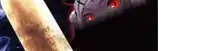 a close up of a person 's face with red eyes and a sword in the background .