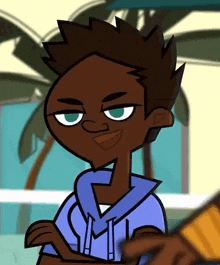 a close up of a cartoon character wearing a blue shirt