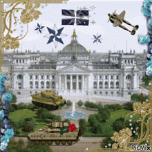 a picture of two tanks in front of a building with a picmix watermark on the bottom